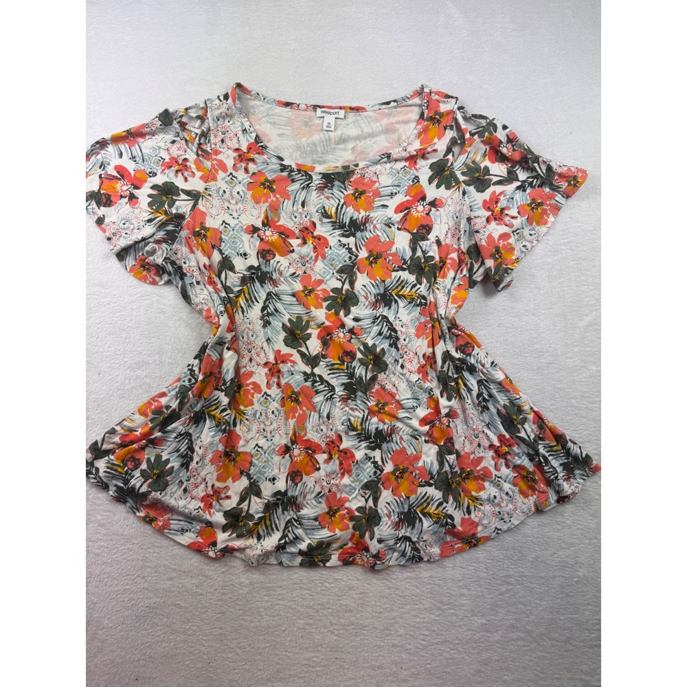 Westport Womens 2X Tropical Floral Cold Shoulder Flutter Sleeve Top Orange Multi